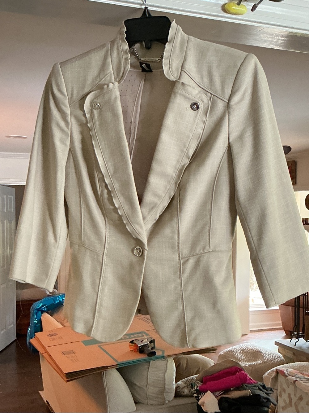 White House Black Market Cream Tailored Ruffle-Trim Blazer